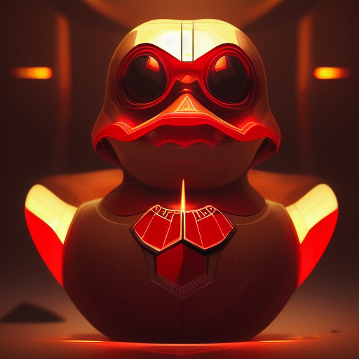 duck #163 | Photo of a blend of robot, rubber ducky and duckling as king with red reflections in eyes, cyberpunk cyborg, sci - fi, intricate abstract upper body intricate artwork, by tooth wu, wlop, beeple