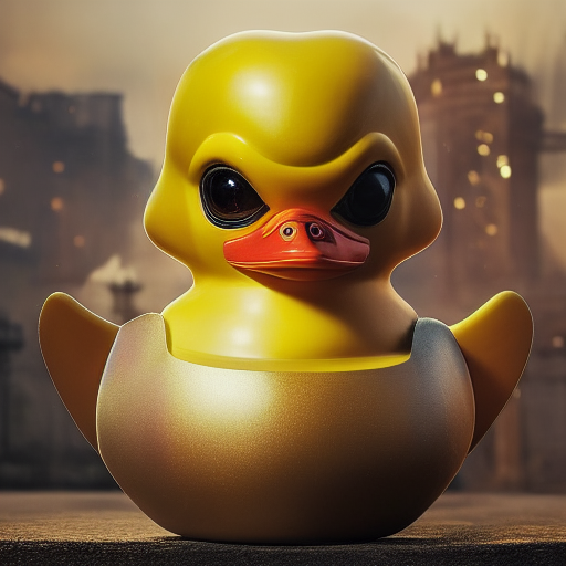 duck #423 | A fierce blend of knight and rubber duck, large eyes, menacing, professional majestic oil painting, 3d render, cgi