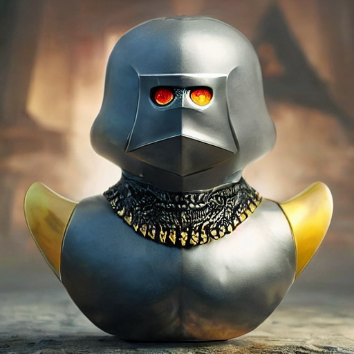 duck #424 | A fierce blend of knight and rubber duck, large eyes, menacing, professional majestic oil painting, 3d render, cgi