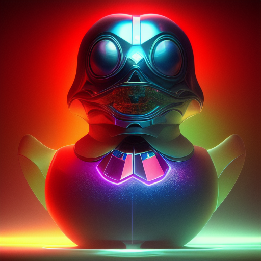 duck #158 | Photo of a blend of alien, rubber ducky and duckling as king with red reflections in eyes, cyberpunk cyborg, sci - fi, intricate abstract upper body intricate artwork, by tooth wu, wlop, beeple