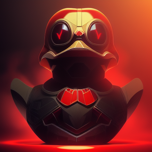 duck #121 | Photo of a blend of droid, rubber ducky and duckling as king with red reflections in eyes, cyberpunk cyborg, sci - fi, intricate abstract upper body intricate artwork, by tooth wu, wlop, beeple