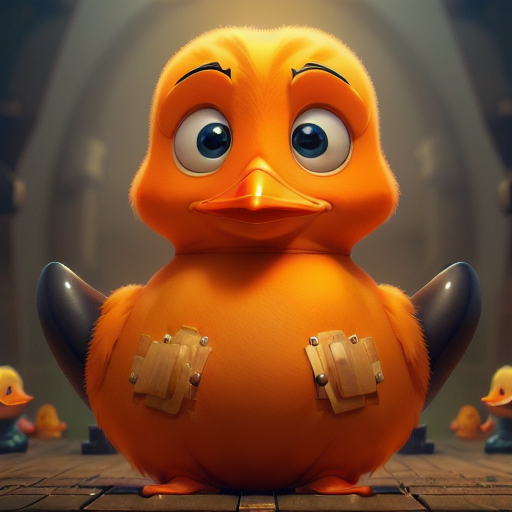 duck #840 | A cute sad orange blend of duck and bird dressed like a mechanic, from an action movie, slimey, Alexander Jansson, Charles Schulz, 3d fluffy, closeup cute and adorable