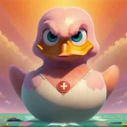 duck #993 | A sophisticated disgusted pink blend of duck and creature dressed like a lifeguard, from an action movie, furry, Shigeru Miyamoto, Scott McCloud, ferocious head, angry eyes