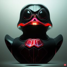 duck #82 | Photo of a blend of droid, rubber ducky and duckling as king with red reflections in eyes, cyberpunk cyborg, sci - fi, intricate abstract upper body intricate artwork, by tooth wu, wlop, beeple