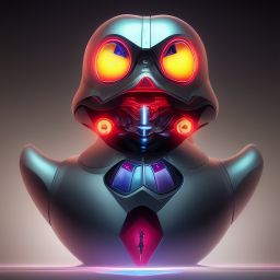 duck #156 | Photo of a blend of alien, rubber ducky and duckling as king with red reflections in eyes, cyberpunk cyborg, sci - fi, intricate abstract upper body intricate artwork, by tooth wu, wlop, beeple