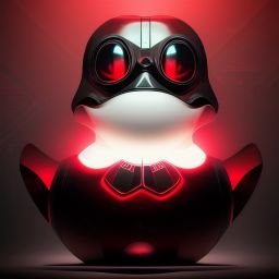 duck #131 | Photo of a blend of droid, rubber ducky and duckling as king with red reflections in eyes, cyberpunk cyborg, sci - fi, intricate abstract upper body intricate artwork, by tooth wu, wlop, beeple