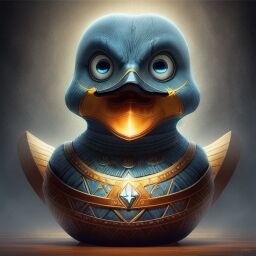 duck #765 | A scary pensive blue blend of duck and statue dressed like a warrior, fantasy movie setting, lotr, slimey, Alexander Jansson, Louis Glackens, ferocious head, angry eyes, football team emblem logo