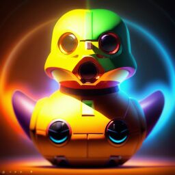 duck #981 | A futuristic confident rainbow blend of duck and droid dressed like a superhero, from an adventure movie, shiny, Antoine Collignon, Alex Toth, ferocious head, angry eyes, football team emblem logo